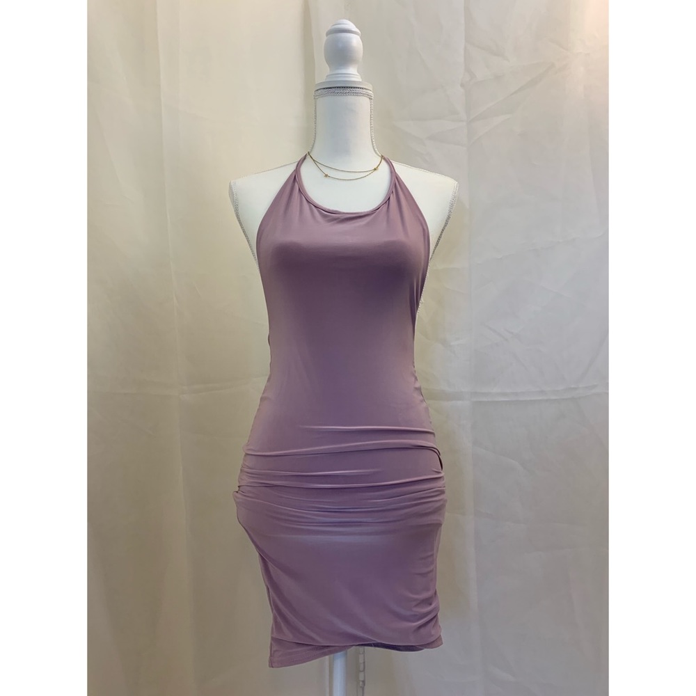Lilac Slinky Halterneck Ruched Back Bodycon Dress